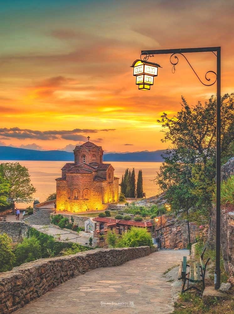 Golden hour landscape print of Kaneo church above Lake Ohrid